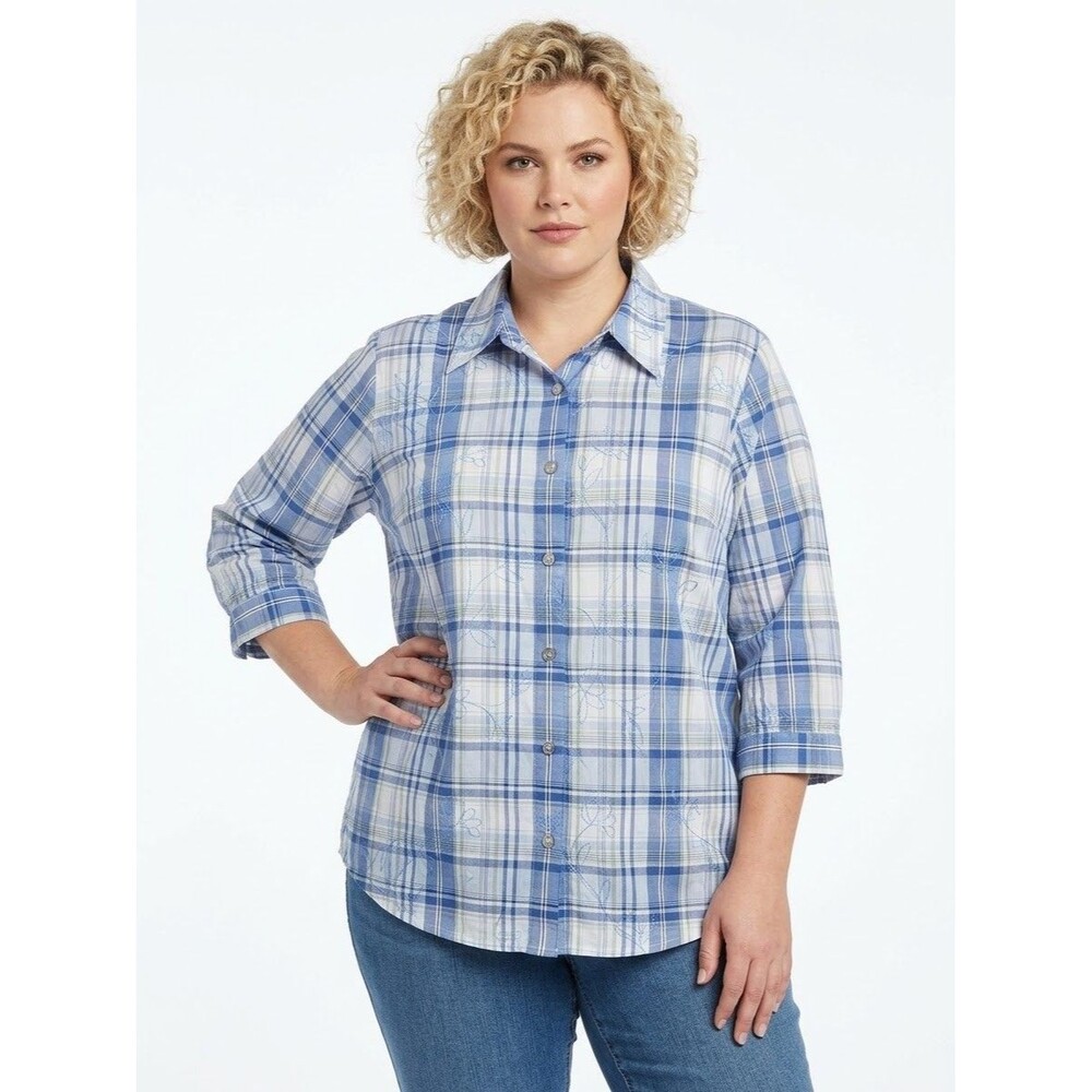 Alfred Dunner Button Blouse Top Womens 18W Blue Plaid embroidered 3/4 Sleeve